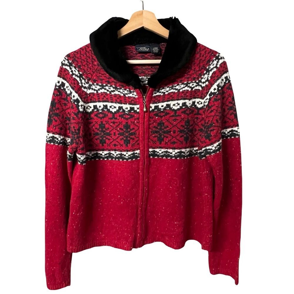 Sonoma Womens Fair Isle Zip Cardigan Sweater Size L Faux Fur Cottage Holiday